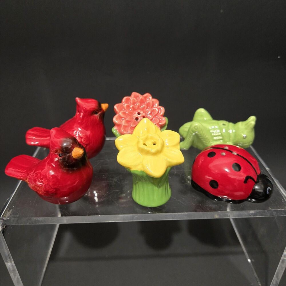 Cracker Barrel Salt Pepper Shakers Birds Flower Grasshopper Ladybug Mini Lot